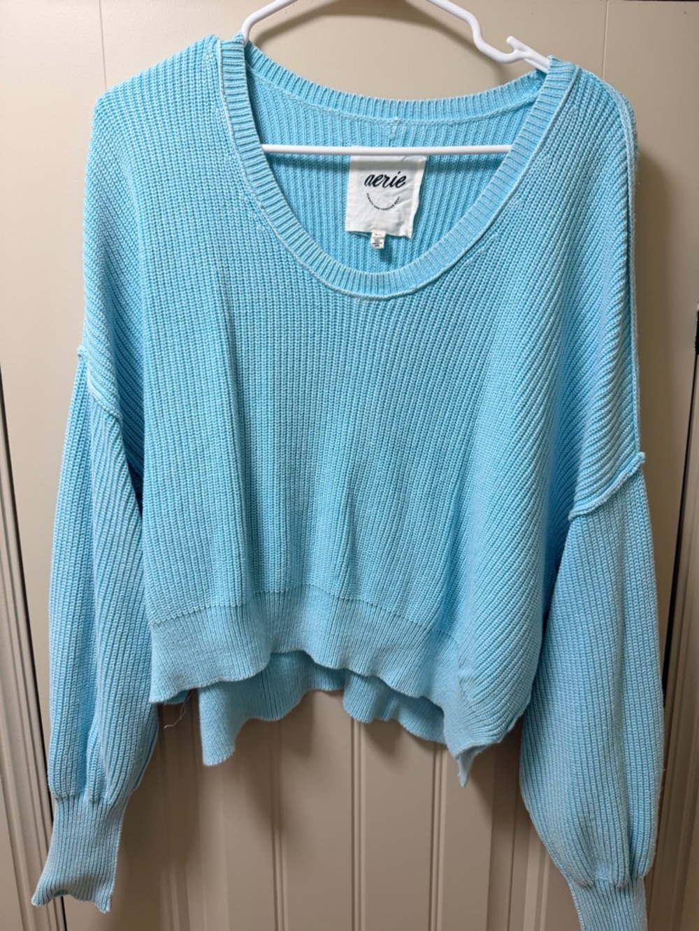 aerie Light Blue Cropped Ribbed Crewneck Sweater